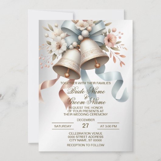 ウェディングフラワーベルピンクブルーリボン美しい 招待状 (正面)