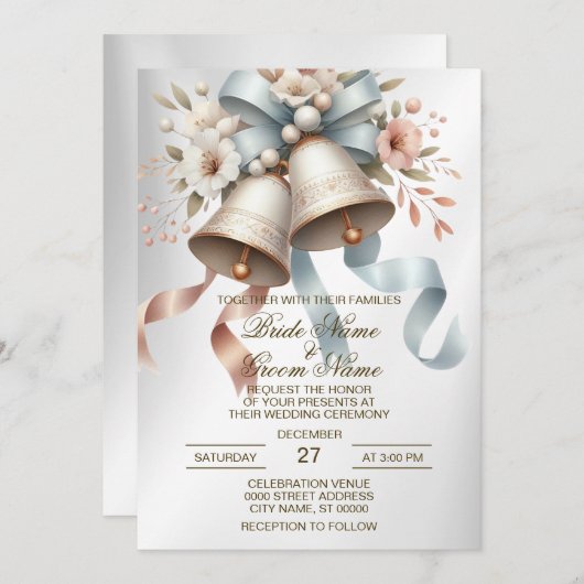 ウェディングフラワーベルピンクブルーリボン美しい 招待状 (正面/裏面)