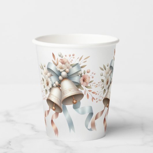 ウェディングフラワーベルピンクブルーリボン美しい 紙コップ (正面)