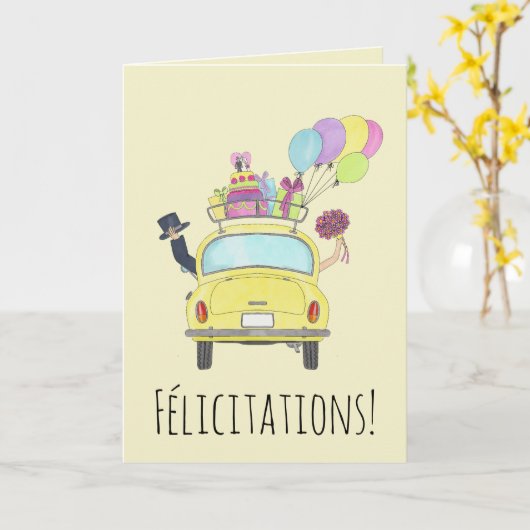 ウェディングフランスのデーの黄色い車おめでとう カード (黄色い花)