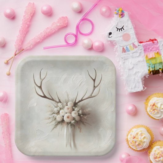 ウェディングブーケと鹿の角 ペーパープレート (パーティー)