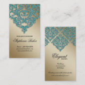 ウェディングプランナーのジュエリーのダマスク織の金ゴールドの輝きのティール(緑がかった色) 名刺 (正面/裏面)