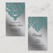 ウェディングプランナーのジュエリーのダマスク織の銀の輝きのティール（緑がかった色） 名刺 (正面/裏面)