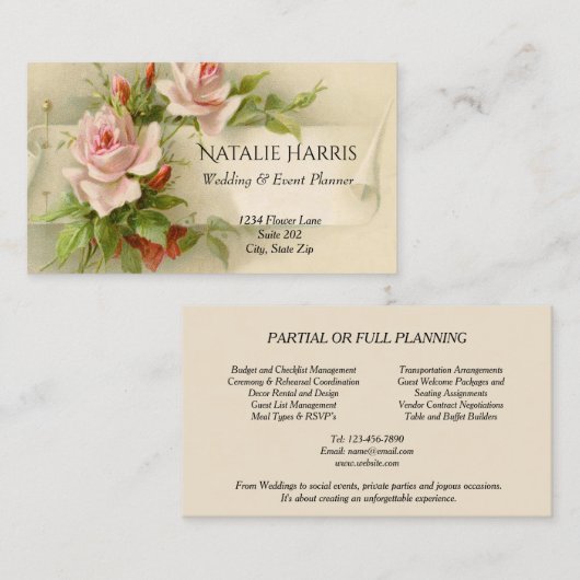 ウェディングプランナーヴィンテージピンクローズエレガント 名刺 (正面/裏面)