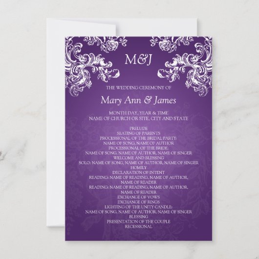 ウェディングプログラム ヴィンテージ スワールズ 2 パープル 招待状 (正面)
