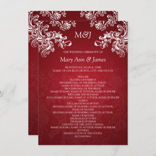 ウェディングプログラム ヴィンテージ スワールズ 2 レッド 招待状 (正面/裏面)