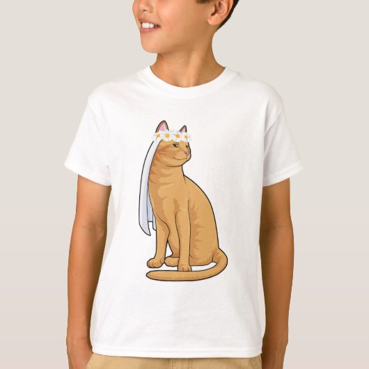 ウェディングベールを纏った猫花嫁 Tシャツ (正面)