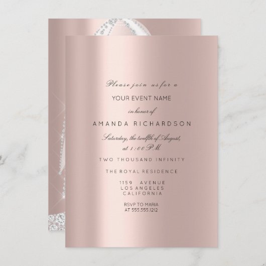 ウェディングホワイトドレス スパーク ローズ ピンク ローズ ダイヤモンド 招待状 (正面/裏面)