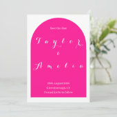 ウェディングボーホアーチホットピンクの日付を保存 セーブザデート (スタンド正面)