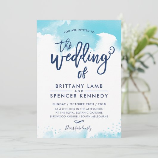 ウェディングモダンアスタイリッシュア青い水色 招待状 (スタンド正面)