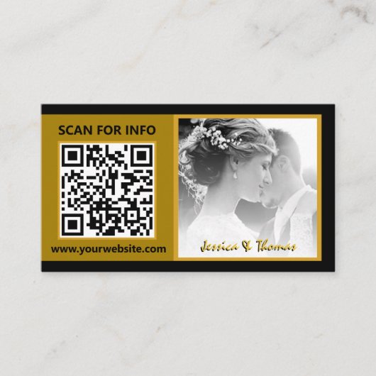 ウェディングモダンカード、QRコード、写真、黒 名刺 (正面)
