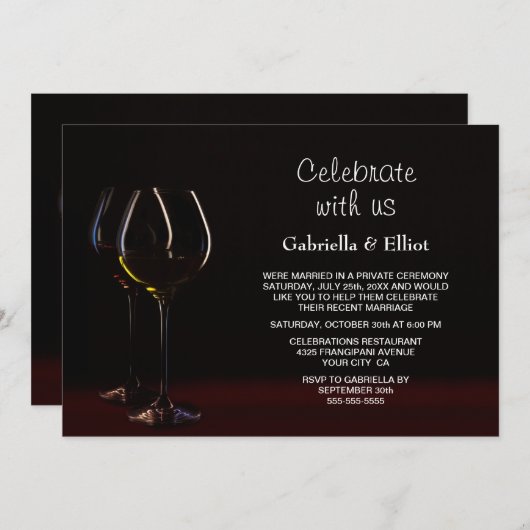 ウェディングモダンレセプションブラックワイングラスパーティー 招待状 (正面/裏面)