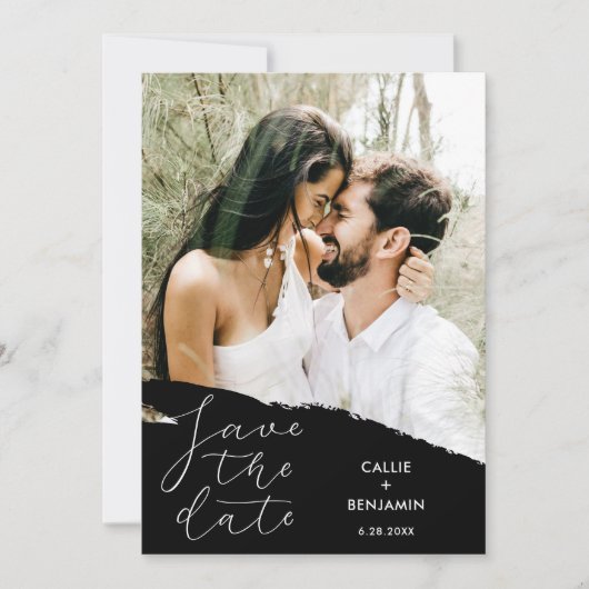 ウェディングモダン写真とブラシストロークの日付を保存 招待状 (正面)