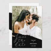 ウェディングモダン写真とブラシストロークの日付を保存 招待状 (正面/裏面)