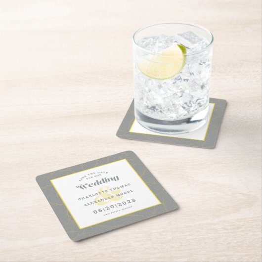 ウェディングモダン日付の黄色い灰色のパターンを保存 スクエアペーパーコースター (インサイチュ)