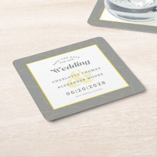 ウェディングモダン日付の黄色い灰色のパターンを保存 スクエアペーパーコースター (アングル)