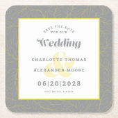 ウェディングモダン日付の黄色い灰色のパターンを保存 スクエアペーパーコースター (正面)