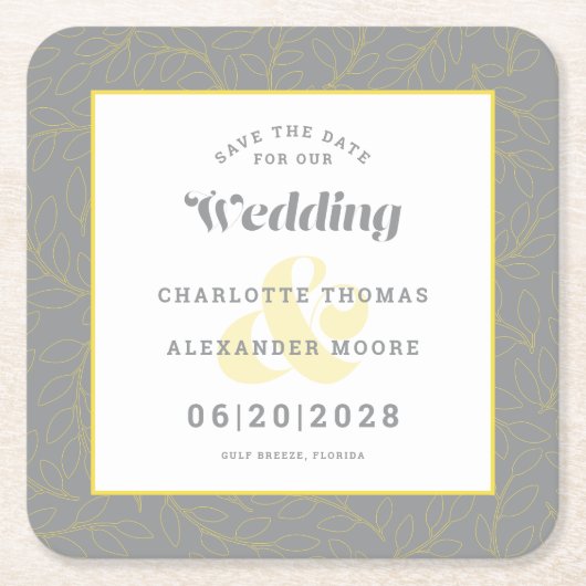 ウェディングモダン日付の黄色い灰色のパターンを保存 スクエアペーパーコースター (正面)