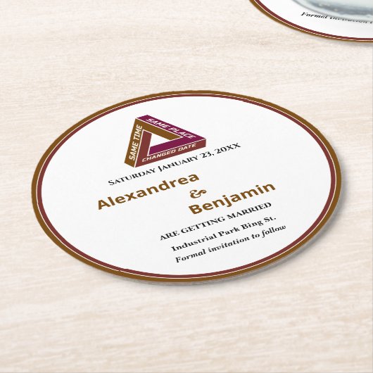 ウェディングモダン日付を保存する新しい日付カード ラウンドペーパーコースター (アングル)