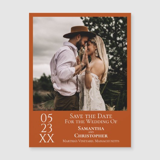 ウェディングモダン日付を保存フォトオレンジ色の磁石 (正面)