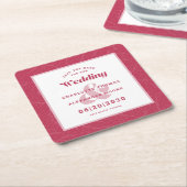 ウェディングモダン日付マゼンタリーフパターンの保存 スクエアペーパーコースター (アングル)