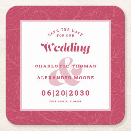 ウェディングモダン日付マゼンタリーフパターンの保存 スクエアペーパーコースター