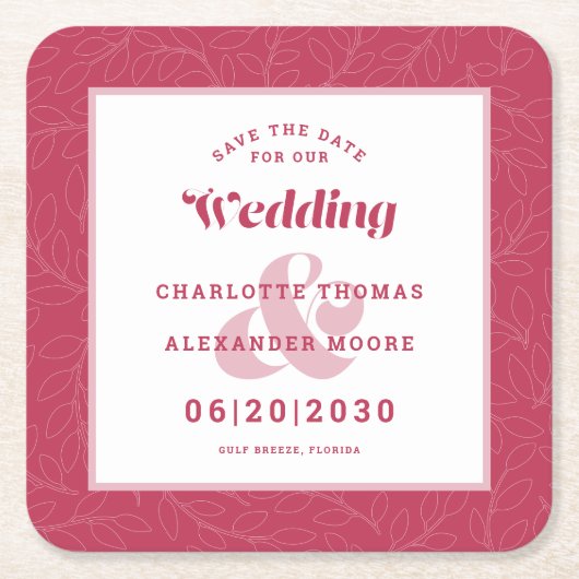 ウェディングモダン日付マゼンタリーフパターンの保存 スクエアペーパーコースター (正面)