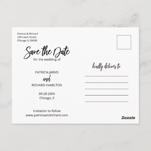 ウェディングモダン日付3フォトコラージュを保存 ポストカード (裏面)