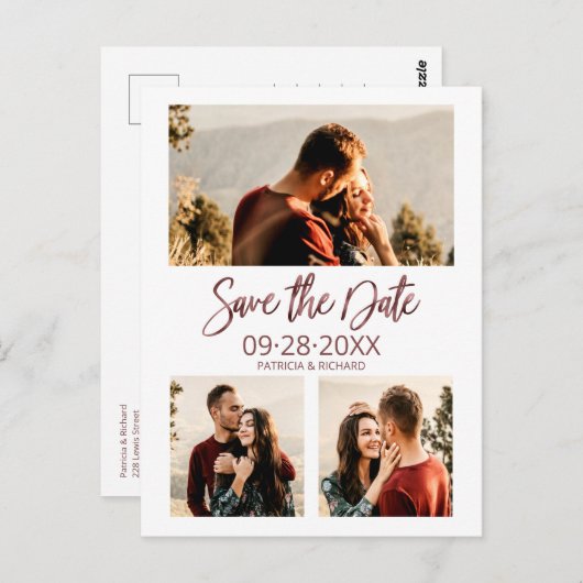 ウェディングモダン日付3フォトコラージュを保存 ポストカード (正面/裏面)