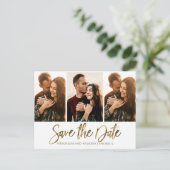 ウェディングモダン日付3フォトコラージュを保存 ポストカード (スタンド正面)