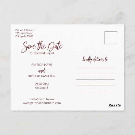 ウェディングモダン日付4フォトコラージュを保存 ポストカード (裏面)