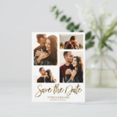 ウェディングモダン日付4フォトコラージュを保存 ポストカード (スタンド正面)