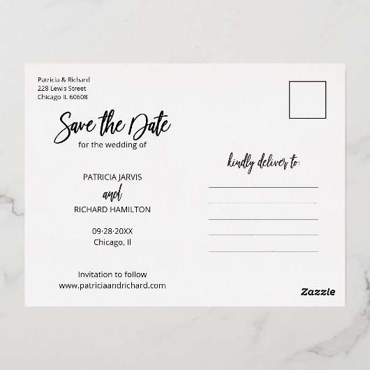 ウェディングモダン日付4フォトコラージュを保存 箔シーズンポストカード (裏面)