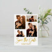 ウェディングモダン日付4フォトコラージュを保存 箔シーズンポストカード (立ち正面)
