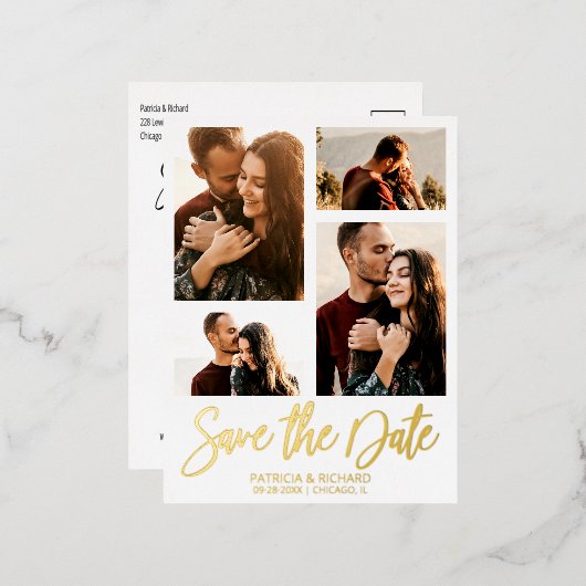 ウェディングモダン日付4フォトコラージュを保存 箔シーズンポストカード (正面/裏面)