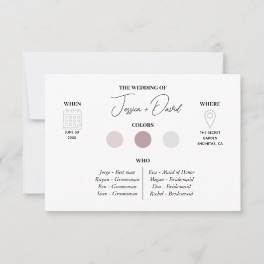 ウェディングモダン・パーティーの服装 |の結婚カラーカード 招待状 (正面)