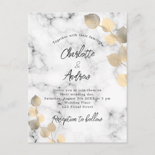 ウェディングユーカリ大理石ゴールド インビテーションポストカード (正面)