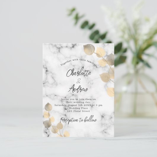 ウェディングユーカリ大理石ゴールド インビテーションポストカード (スタンド正面)