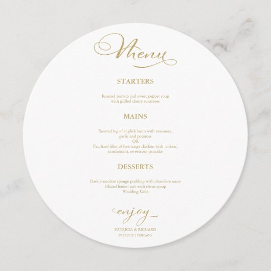 ウェディングラウンドメニュー エレガントゴールドスクリプト メニュー (正面)