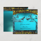 ウェディングラブバード , 黒 , 白 , イエロー , アクアブルー 招待状 (正面/裏面)