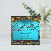 ウェディングラブバード , 黒 , 白 , イエロー , アクアブルー 招待状 (スタンド正面)