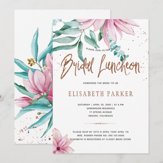 ウェディングランチョンブラッシュピンクコッパーウェディングシャワー 招待状 (正面/裏面)