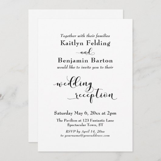 ウェディングレセプションかわいらしスクリプト白黒シンプル 招待状 (正面/裏面)