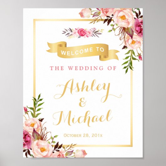 ウェディングレセプションエレガントサインシックフローラ金ゴールド ポスター (正面)