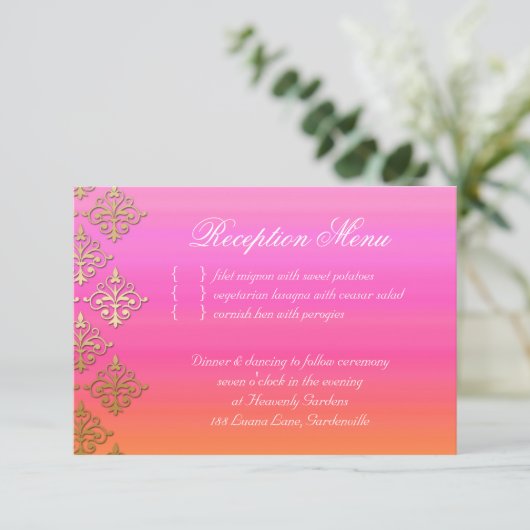 ウェディングレセプションカードインディアンダマスクピンクオレンジ 出欠カード (スタンド正面)