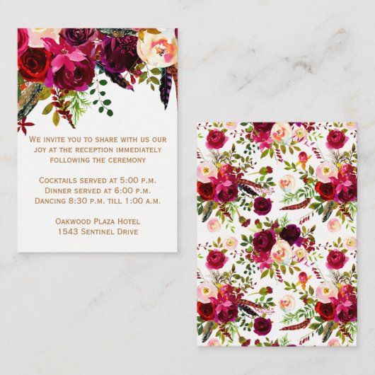 ウェディングレセプションカード – ブルゴーニュフローラ，羽毛 エンクロージャーカード (正面/裏面)