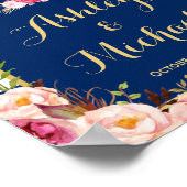 ウェディングレセプションサインフローラネイビーブルーストライプズ ポスター (角)