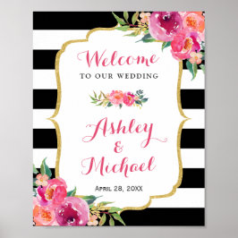 ウェディングレセプションサイン明るい赤紫色パープルピンクフローラ ポスター