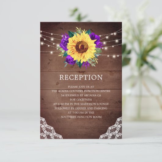 ウェディングレセプションサンフラワーパープルバラレース エンクロージャーカード (スタンド正面)