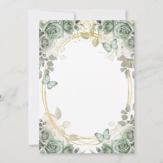 ウェディングレセプションセージグリーン金ゴールドクラウンバタフライ 招待状 (裏面)